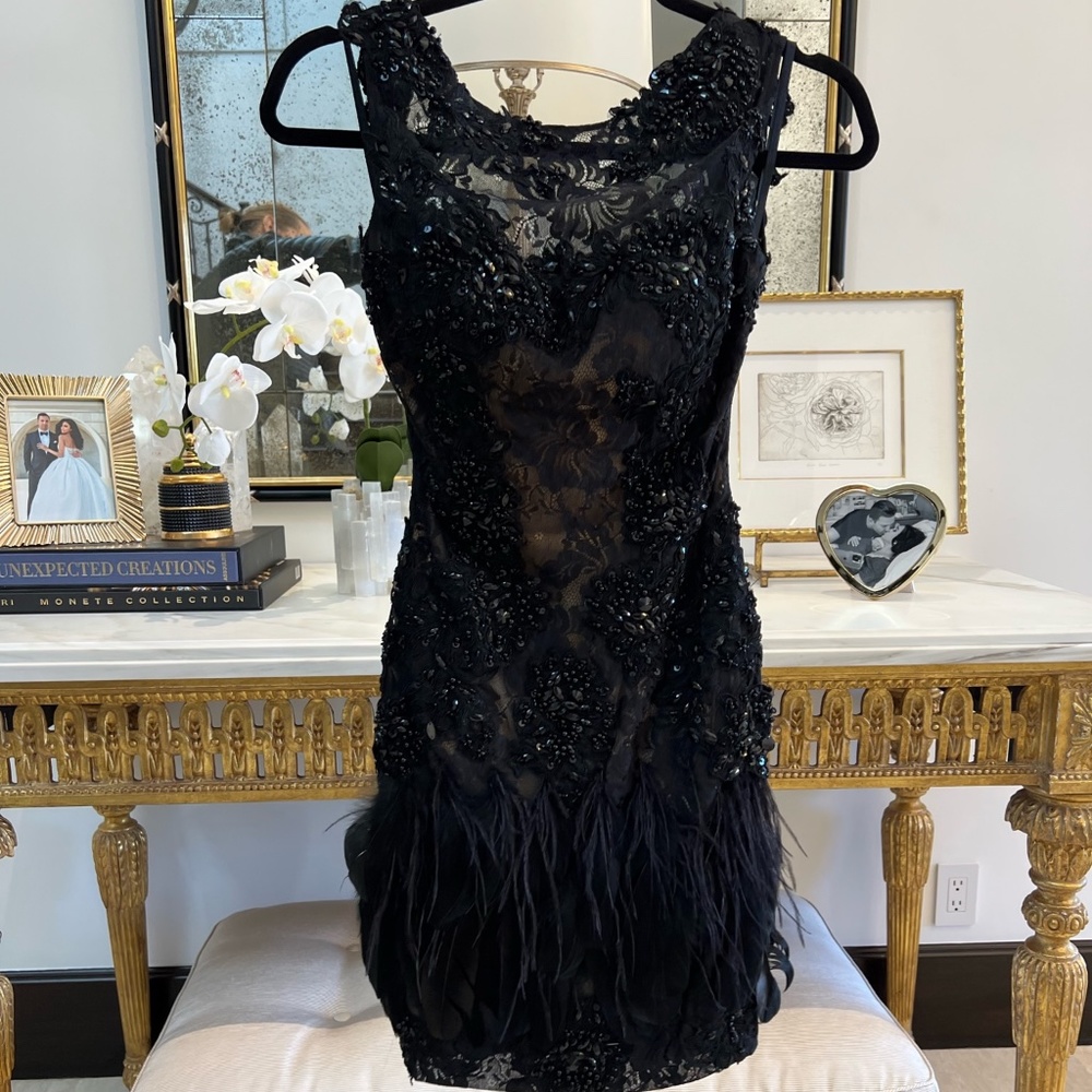 Custom Made Black Beaded with Feathers Mini Dress size XS
